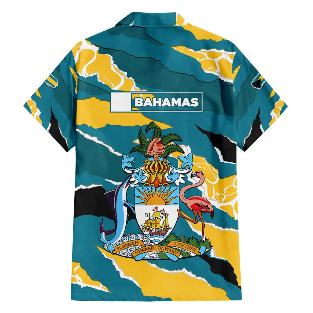 Bahamas Hawaiian Shirt with National Coat of Arms Teal Yellow Ocean Wave Spirit