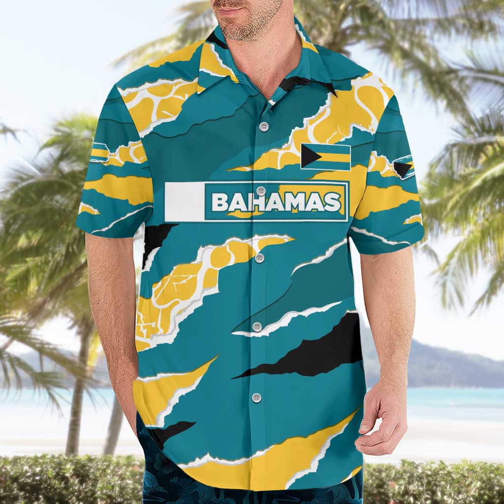 Bahamas Hawaiian Shirt with National Coat of Arms Teal Yellow Ocean Wave Spirit