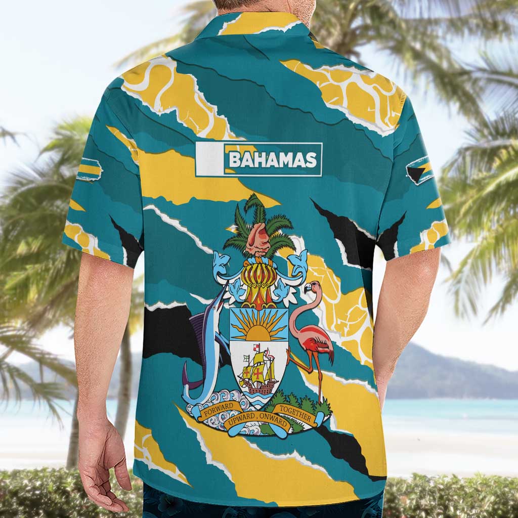 Bahamas Hawaiian Shirt with National Coat of Arms Teal Yellow Ocean Wave Spirit