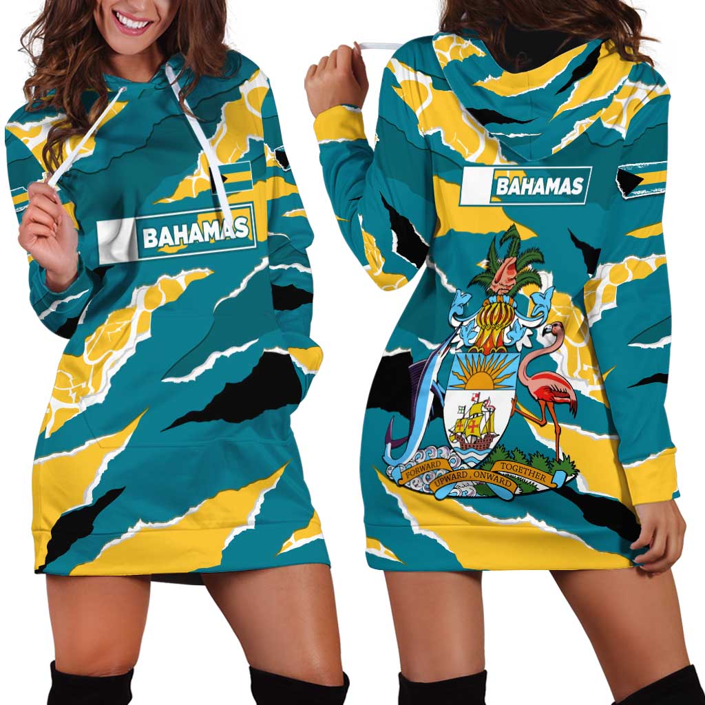 Bahamas Hoodie Dress with National Coat of Arms Teal Yellow Ocean Wave Spirit