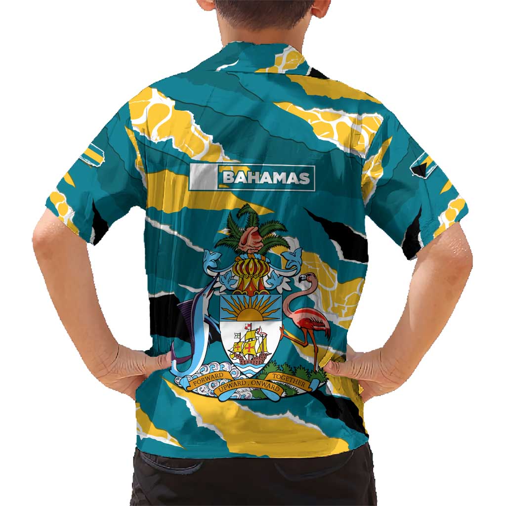Bahamas Kid Hawaiian Shirt with National Coat of Arms Teal Yellow Ocean Wave Spirit