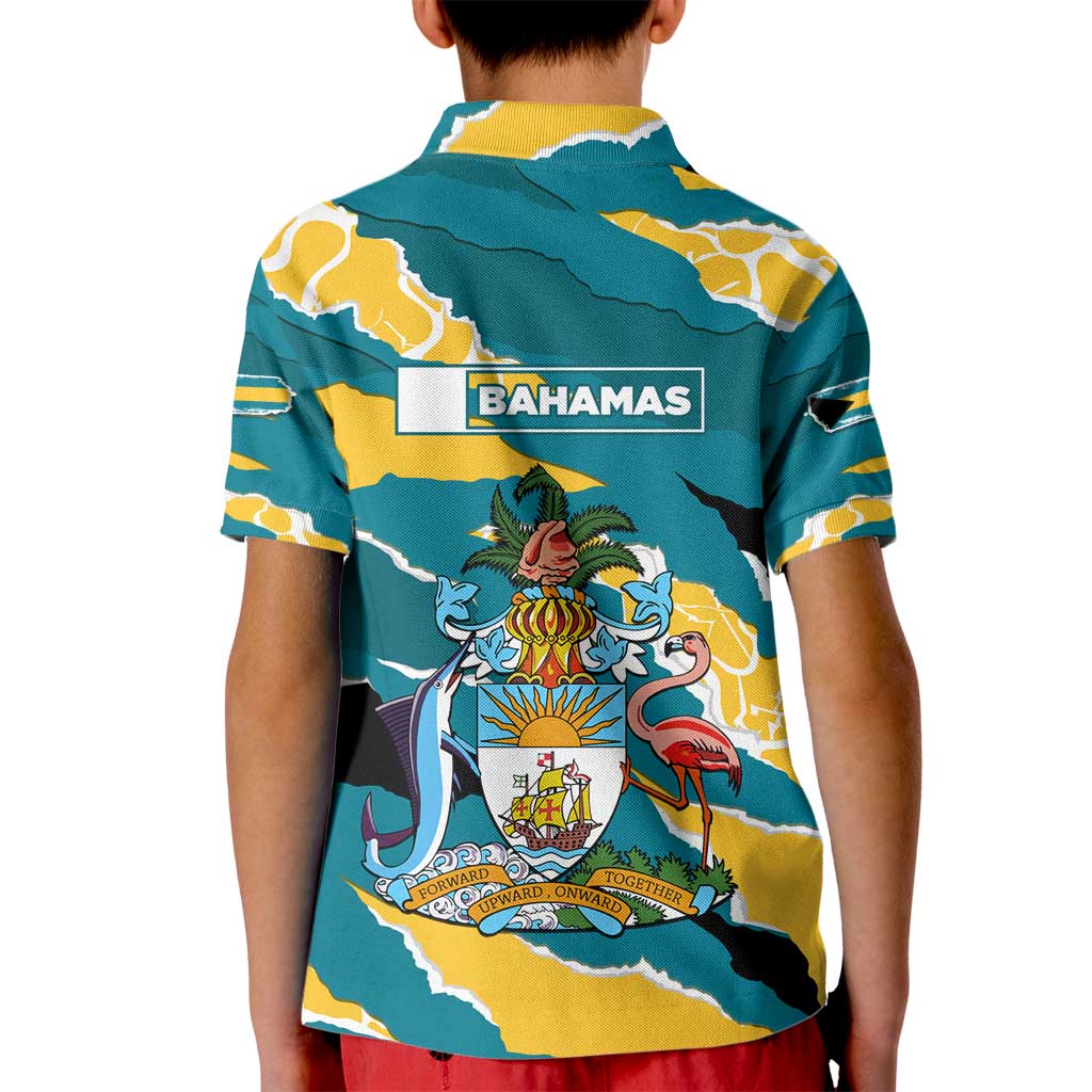Bahamas Kid Polo Shirt with National Coat of Arms Teal Yellow Ocean Wave Spirit