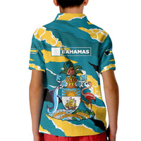 Bahamas Kid Polo Shirt with National Coat of Arms Teal Yellow Ocean Wave Spirit