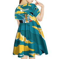 Bahamas Kid Short Sleeve Dress with National Coat of Arms Teal Yellow Ocean Wave Spirit