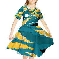 Bahamas Kid Short Sleeve Dress with National Coat of Arms Teal Yellow Ocean Wave Spirit
