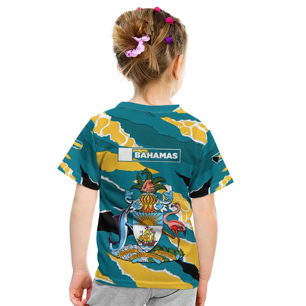 Bahamas Kid T Shirt with National Coat of Arms Teal Yellow Ocean Wave Spirit