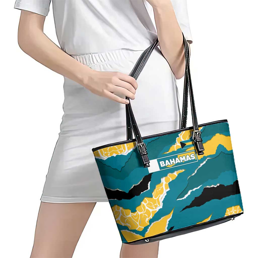 Bahamas Leather Tote Bag with National Coat of Arms Teal Yellow Ocean Wave Spirit