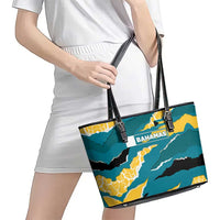 Bahamas Leather Tote Bag with National Coat of Arms Teal Yellow Ocean Wave Spirit