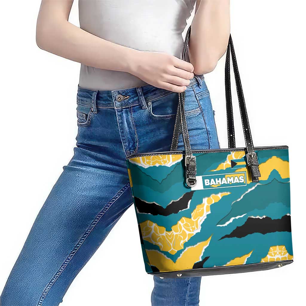 Bahamas Leather Tote Bag with National Coat of Arms Teal Yellow Ocean Wave Spirit