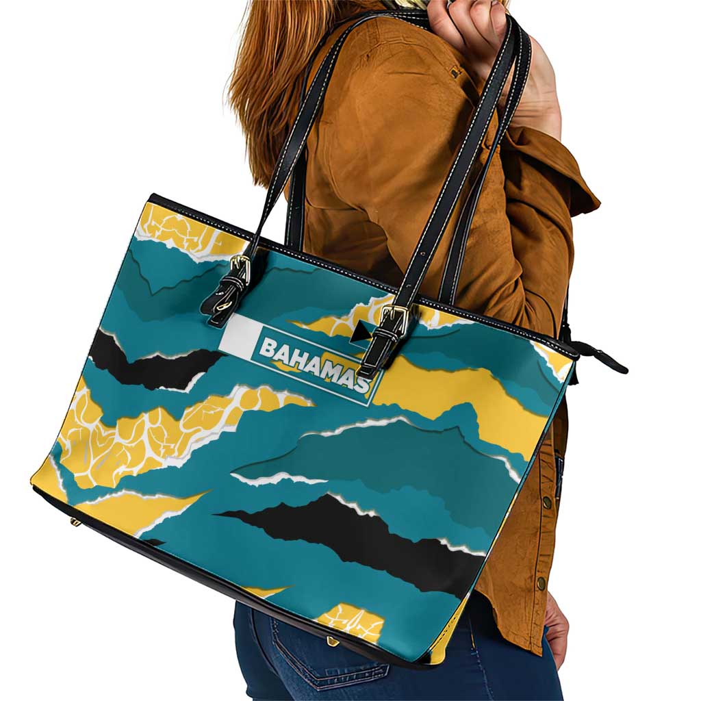 Bahamas Leather Tote Bag with National Coat of Arms Teal Yellow Ocean Wave Spirit