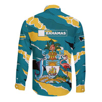 Bahamas Long Sleeve Button Shirt with National Coat of Arms Teal Yellow Ocean Wave Spirit