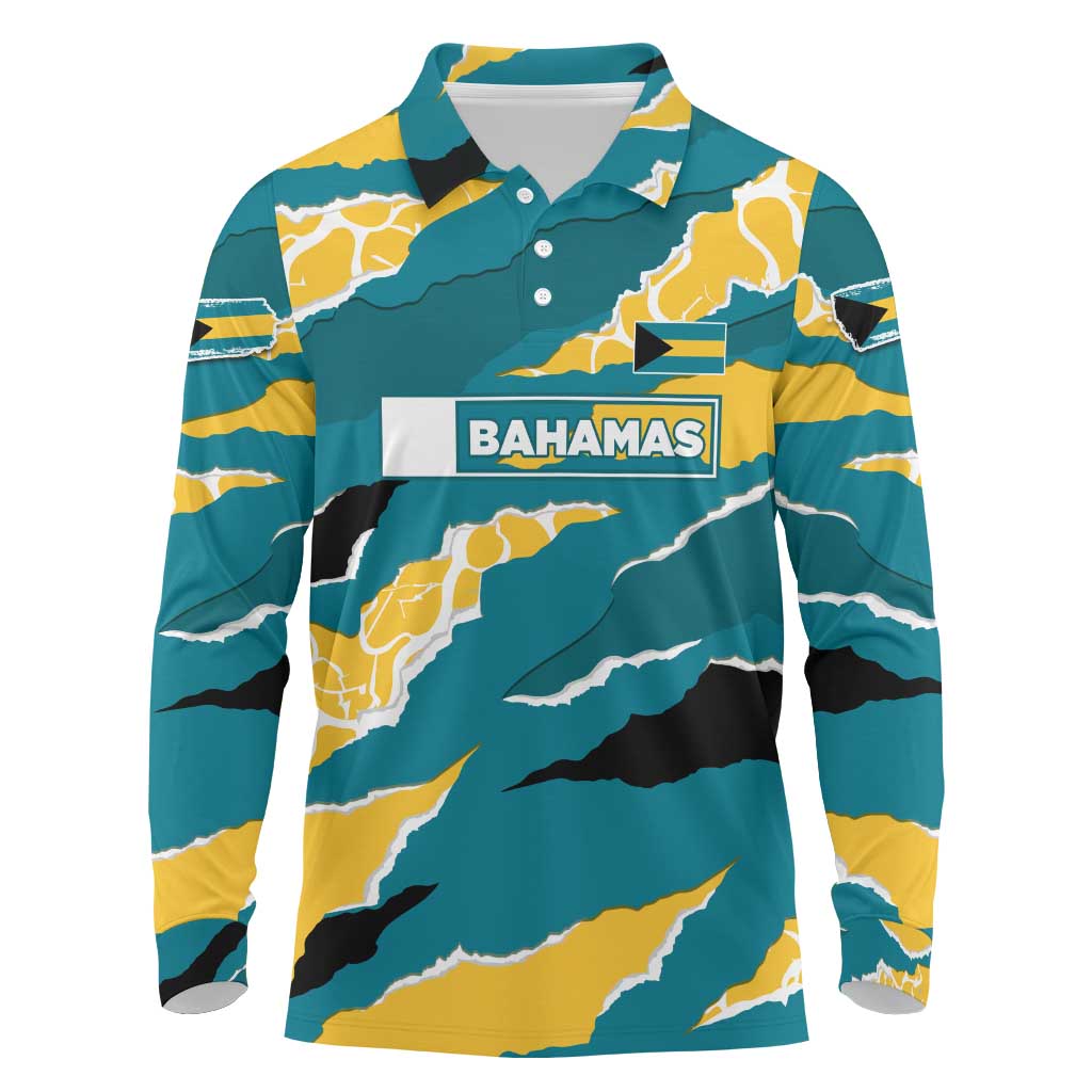 Bahamas Long Sleeve Polo Shirt with National Coat of Arms Teal Yellow Ocean Wave Spirit