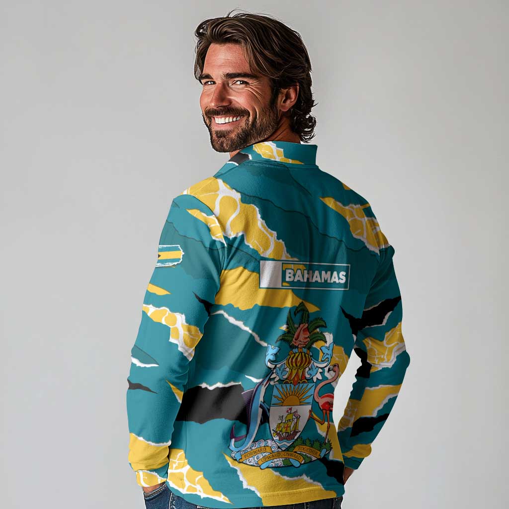 Bahamas Long Sleeve Polo Shirt with National Coat of Arms Teal Yellow Ocean Wave Spirit
