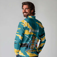 Bahamas Long Sleeve Polo Shirt with National Coat of Arms Teal Yellow Ocean Wave Spirit