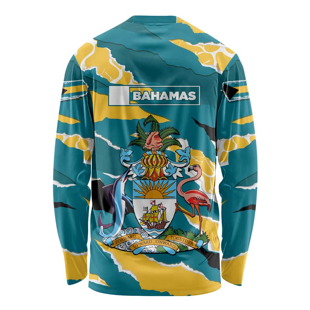 Bahamas Long Sleeve Shirt with National Coat of Arms Teal Yellow Ocean Wave Spirit