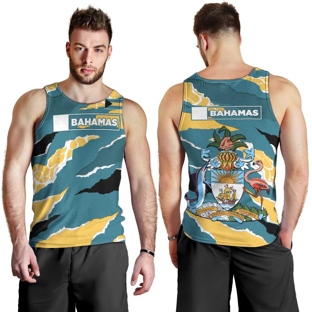 Bahamas Men Tank Top with National Coat of Arms Teal Yellow Ocean Wave Spirit