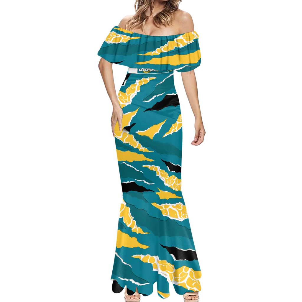 Bahamas Mermaid Dress with National Coat of Arms Teal Yellow Ocean Wave Spirit