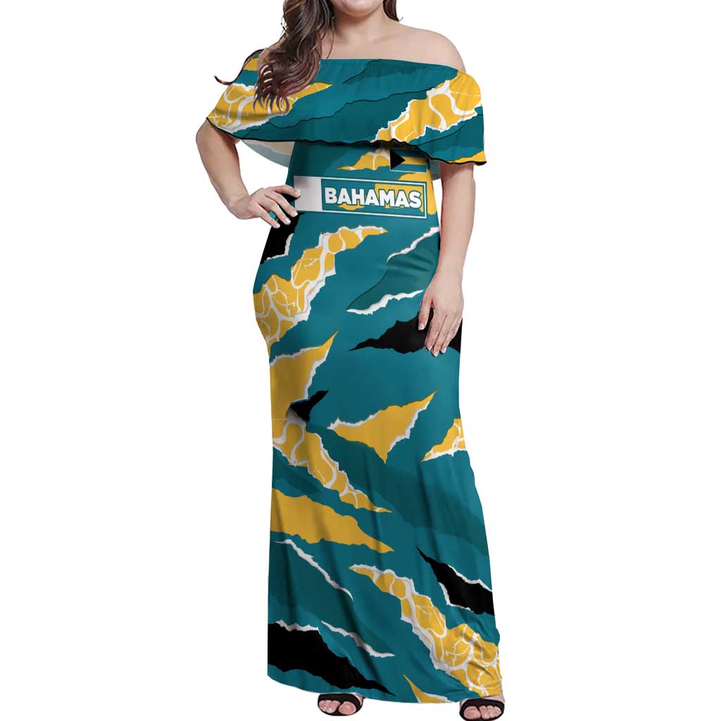 Bahamas Off Shoulder Maxi Dress with National Coat of Arms Teal Yellow Ocean Wave Spirit