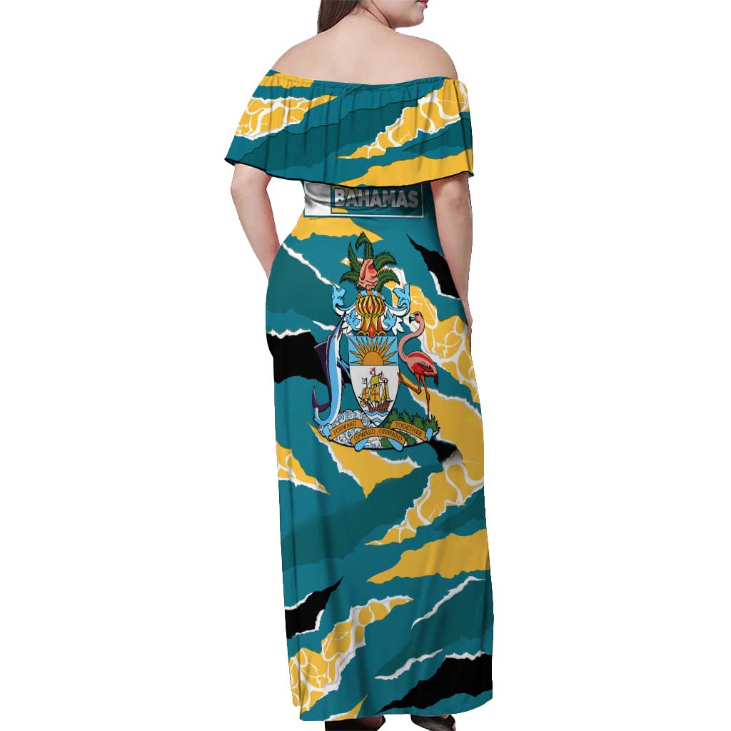 Bahamas Off Shoulder Maxi Dress with National Coat of Arms Teal Yellow Ocean Wave Spirit
