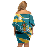 Bahamas Off Shoulder Short Dress with National Coat of Arms Teal Yellow Ocean Wave Spirit
