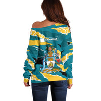 Bahamas Off Shoulder Sweater with National Coat of Arms Teal Yellow Ocean Wave Spirit