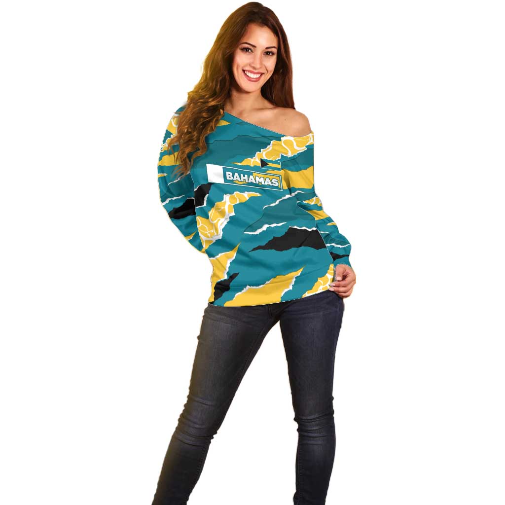 Bahamas Off Shoulder Sweater with National Coat of Arms Teal Yellow Ocean Wave Spirit