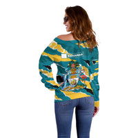Bahamas Off Shoulder Sweater with National Coat of Arms Teal Yellow Ocean Wave Spirit