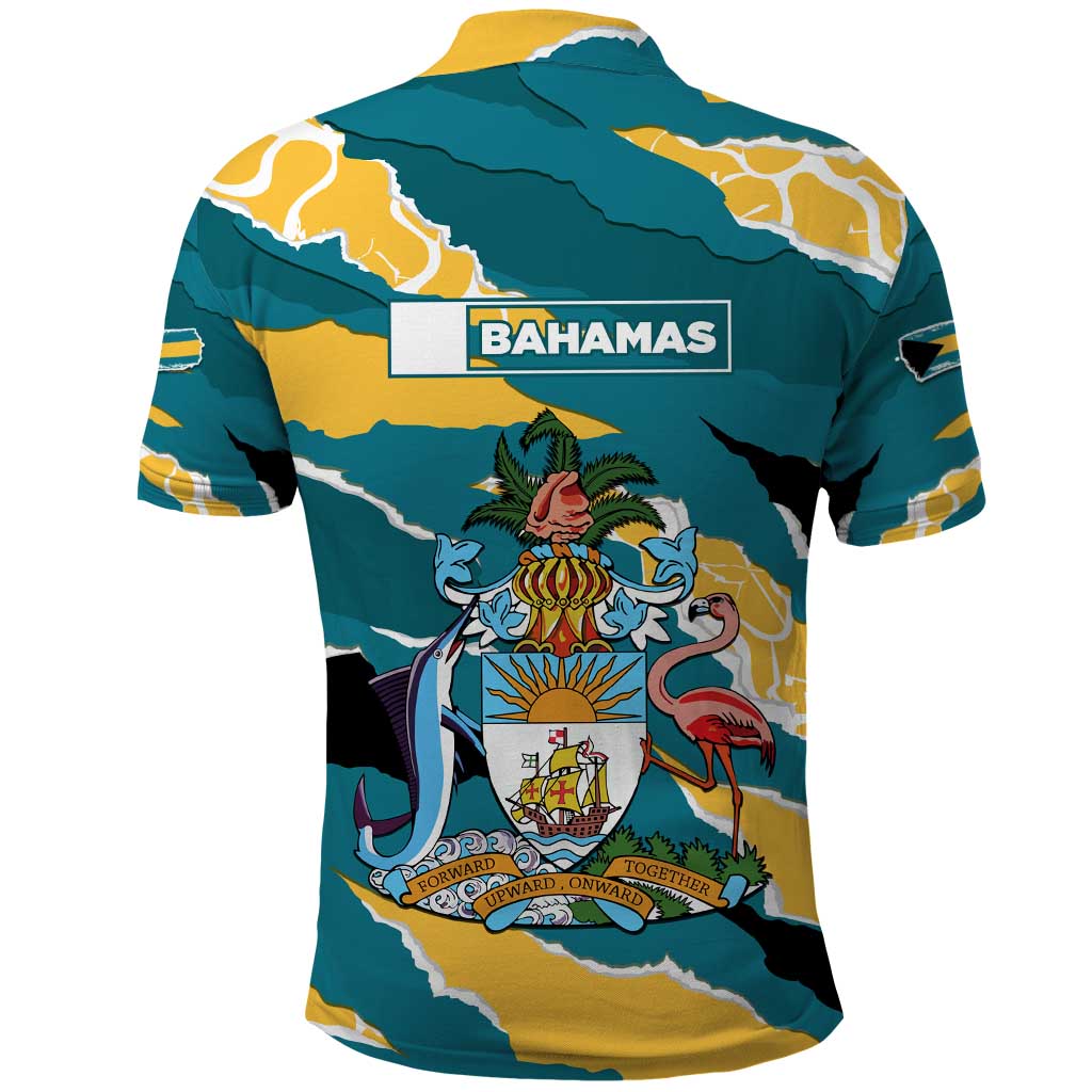 Bahamas Polo Shirt with National Coat of Arms Teal Yellow Ocean Wave Spirit