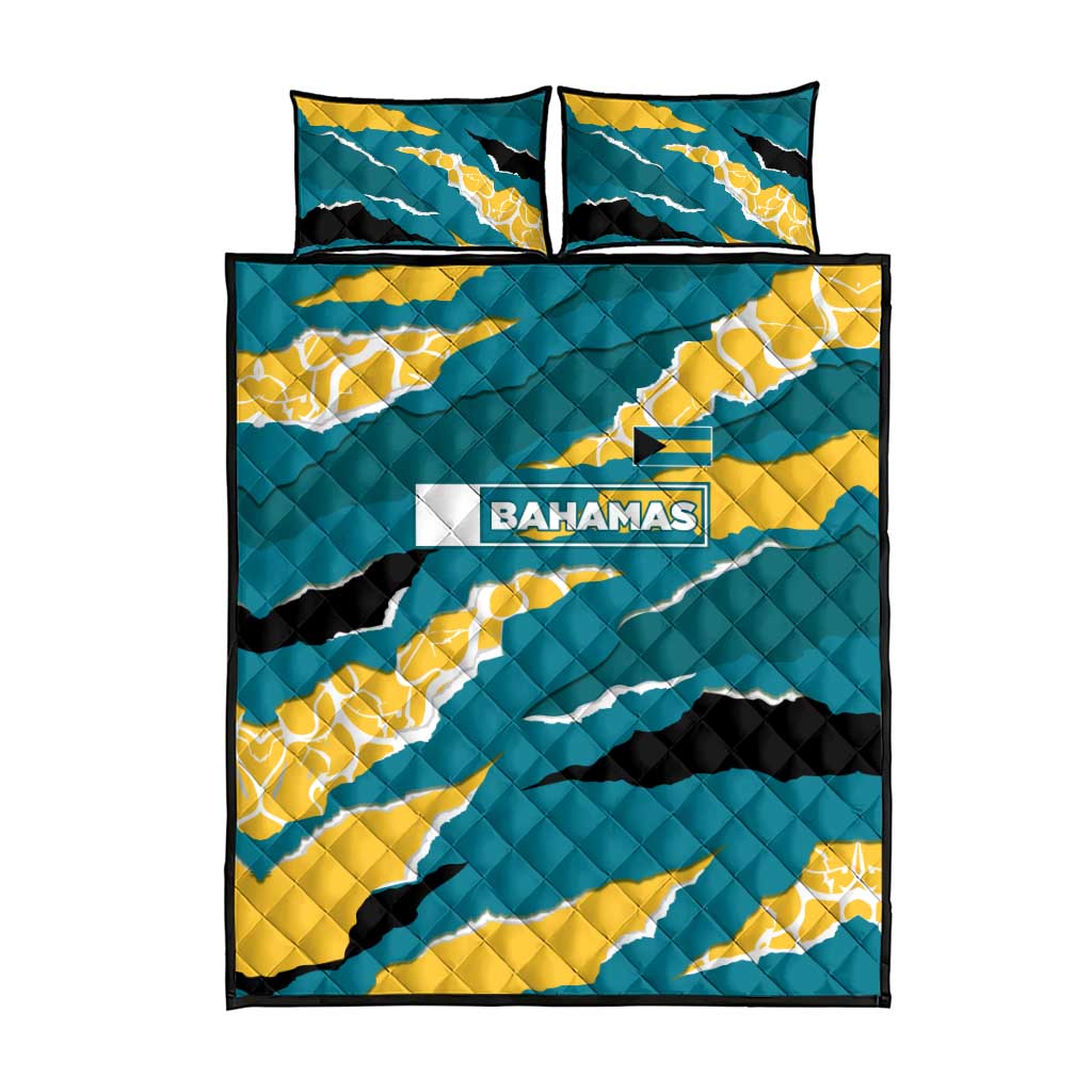 Bahamas Quilt Bed Set with National Coat of Arms Teal Yellow Ocean Wave Spirit