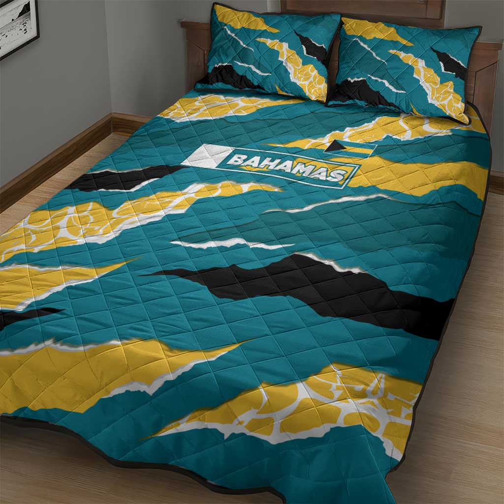 Bahamas Quilt Bed Set with National Coat of Arms Teal Yellow Ocean Wave Spirit