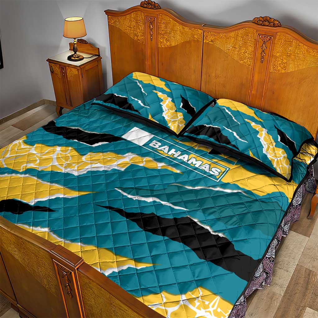 Bahamas Quilt Bed Set with National Coat of Arms Teal Yellow Ocean Wave Spirit