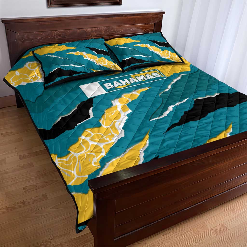 Bahamas Quilt Bed Set with National Coat of Arms Teal Yellow Ocean Wave Spirit