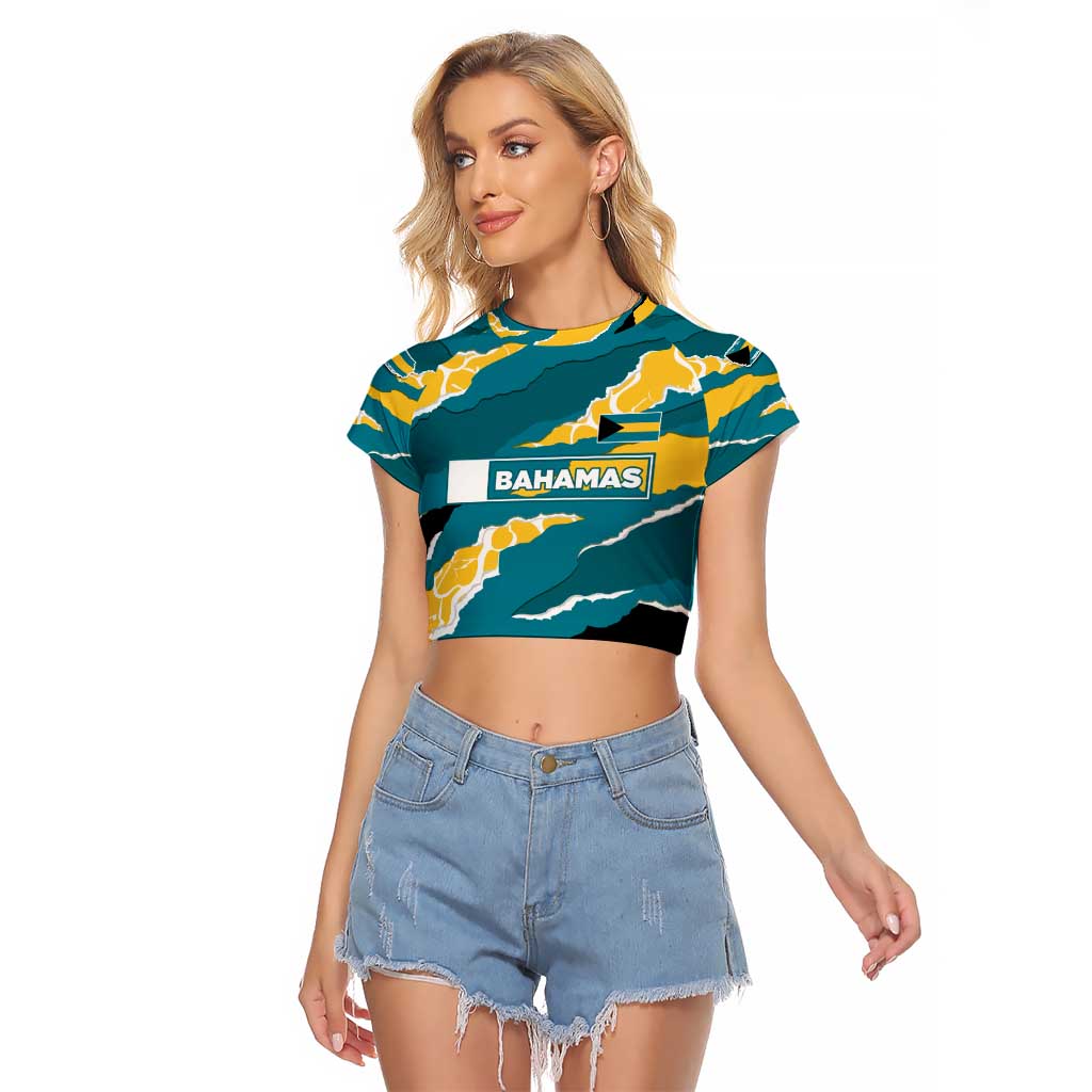 Bahamas Raglan Cropped T Shirt with National Coat of Arms Teal Yellow Ocean Wave Spirit