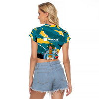 Bahamas Raglan Cropped T Shirt with National Coat of Arms Teal Yellow Ocean Wave Spirit