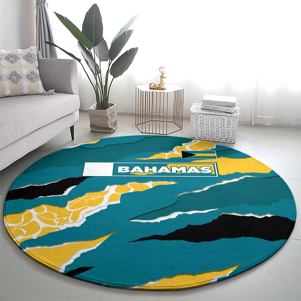 Bahamas Round Carpet with National Coat of Arms Teal Yellow Ocean Wave Spirit
