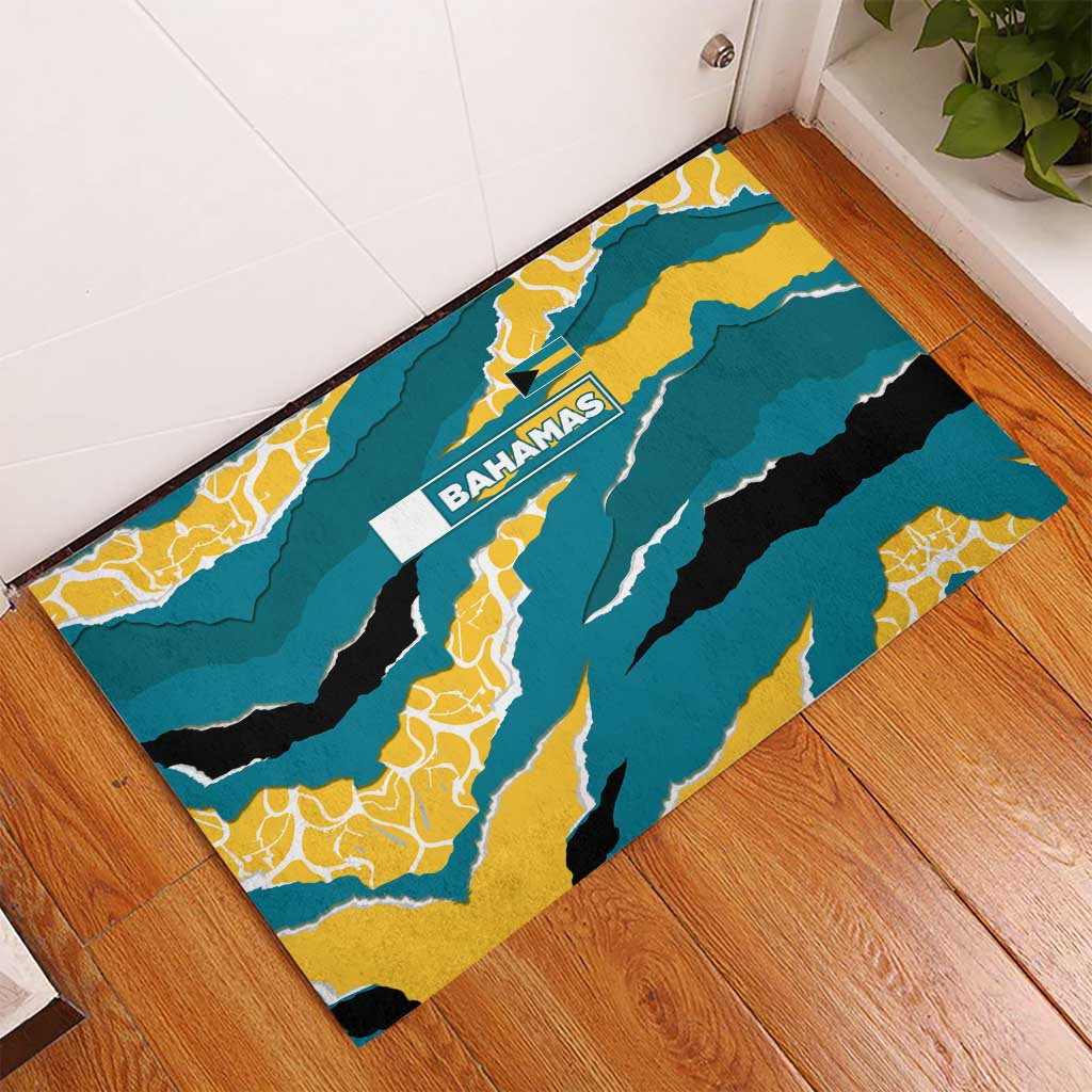Bahamas Rubber Doormat with National Coat of Arms Teal Yellow Ocean Wave Spirit
