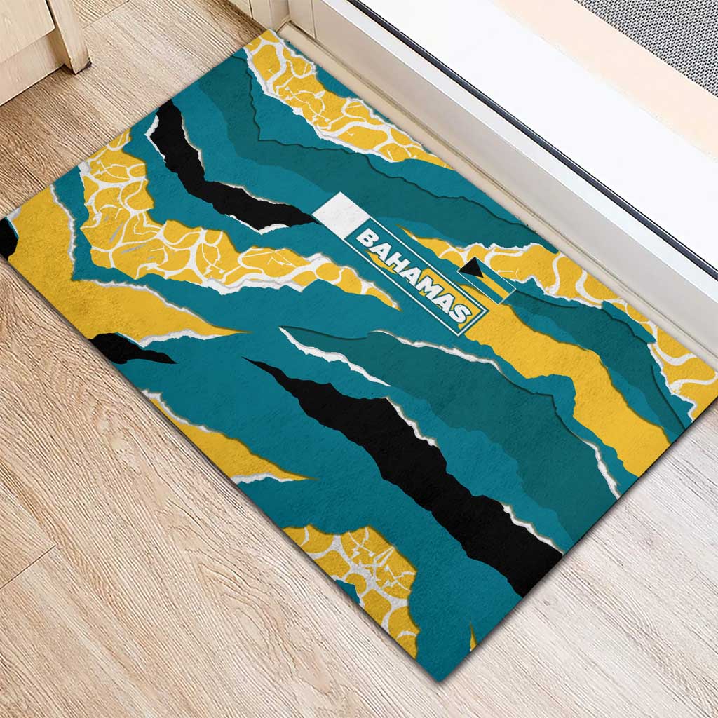 Bahamas Rubber Doormat with National Coat of Arms Teal Yellow Ocean Wave Spirit