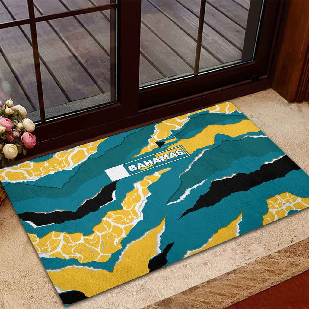 Bahamas Rubber Doormat with National Coat of Arms Teal Yellow Ocean Wave Spirit