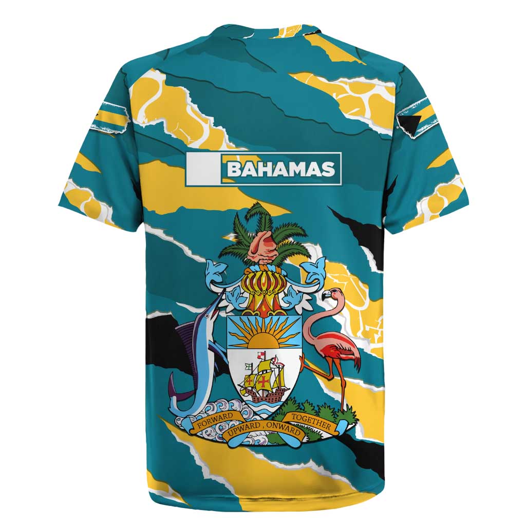 Bahamas Rugby Jersey with National Coat of Arms Teal Yellow Ocean Wave Spirit
