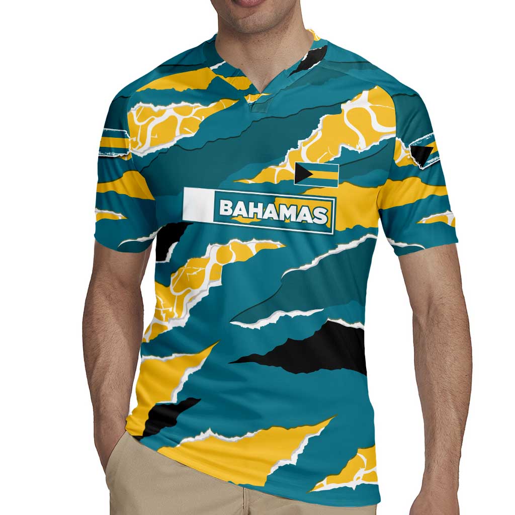Bahamas Rugby Jersey with National Coat of Arms Teal Yellow Ocean Wave Spirit