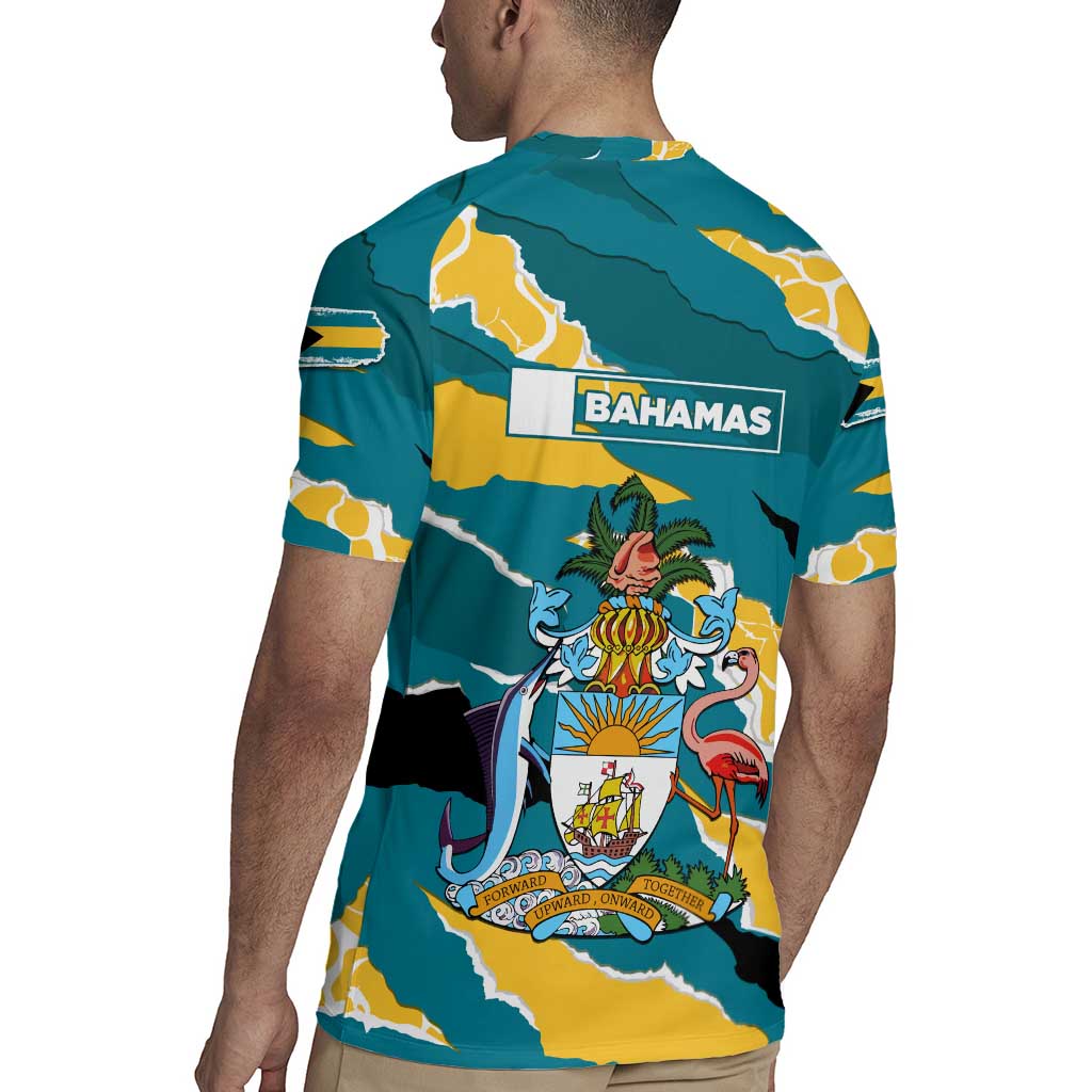 Bahamas Rugby Jersey with National Coat of Arms Teal Yellow Ocean Wave Spirit