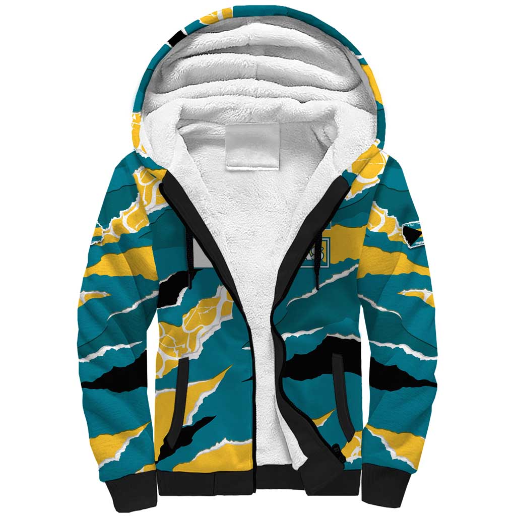Bahamas Sherpa Hoodie with National Coat of Arms Teal Yellow Ocean Wave Spirit