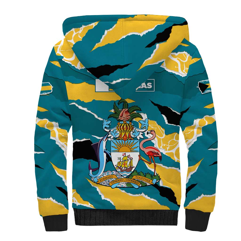 Bahamas Sherpa Hoodie with National Coat of Arms Teal Yellow Ocean Wave Spirit