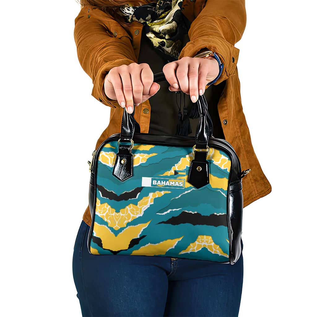 Bahamas Shoulder Handbag with National Coat of Arms Teal Yellow Ocean Wave Spirit