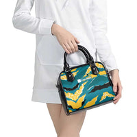 Bahamas Shoulder Handbag with National Coat of Arms Teal Yellow Ocean Wave Spirit