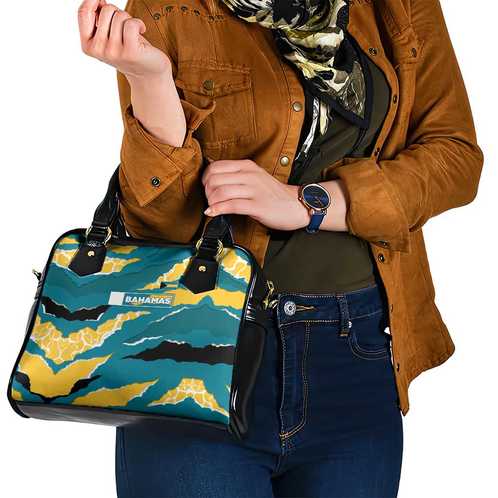 Bahamas Shoulder Handbag with National Coat of Arms Teal Yellow Ocean Wave Spirit