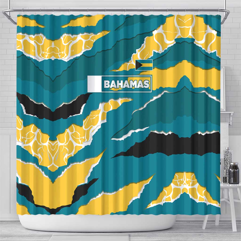 Bahamas Shower Curtain with National Coat of Arms Teal Yellow Ocean Wave Spirit