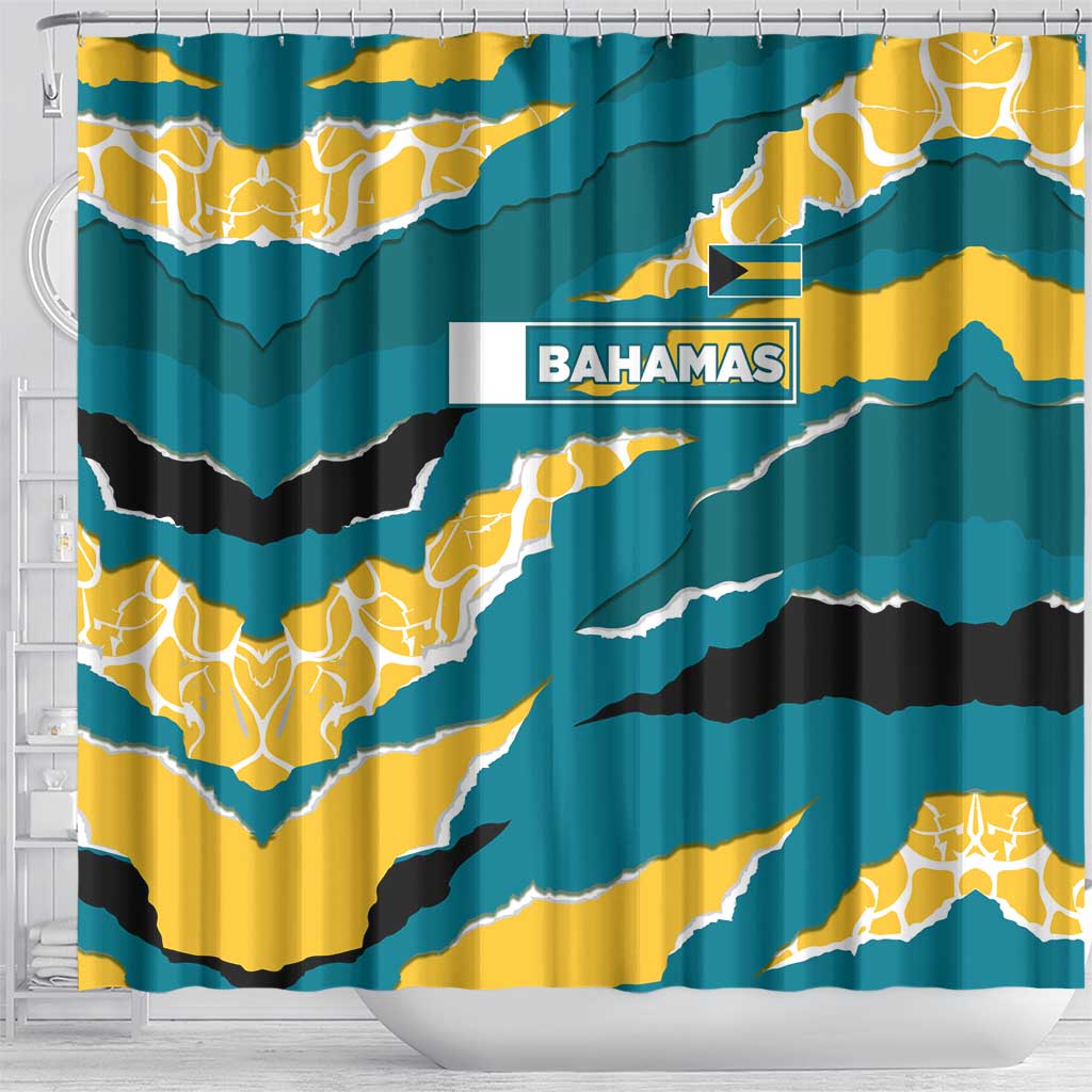 Bahamas Shower Curtain with National Coat of Arms Teal Yellow Ocean Wave Spirit