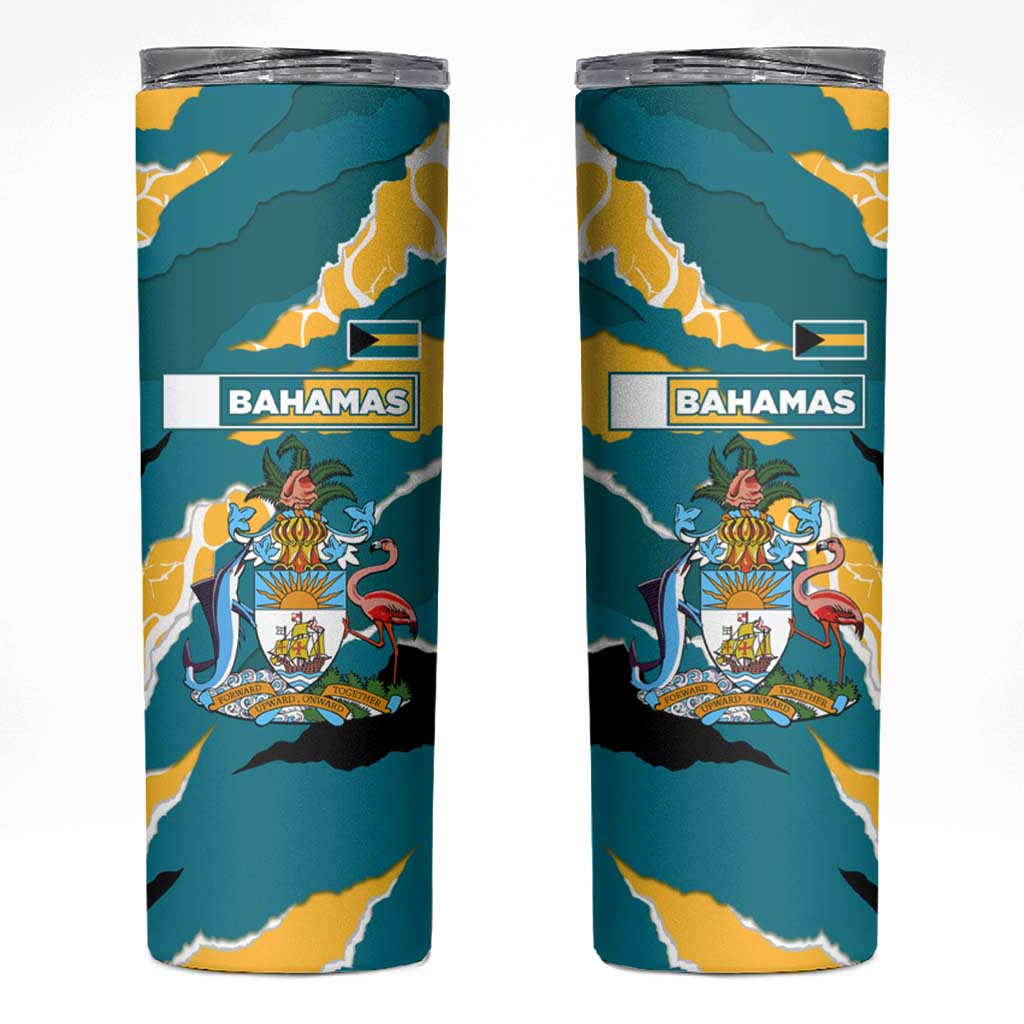 Bahamas Skinny Tumbler with National Coat of Arms Teal Yellow Ocean Wave Spirit