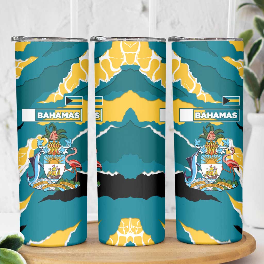 Bahamas Skinny Tumbler with National Coat of Arms Teal Yellow Ocean Wave Spirit